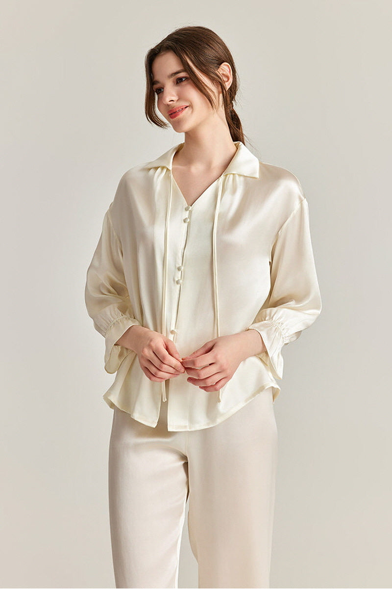 Tie-Neck Silk Pajama Set