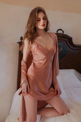Pink V-Line Scallop Silk Slip & Robe Set