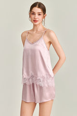 Pink Silk Lace Trim Cami Pajama Set