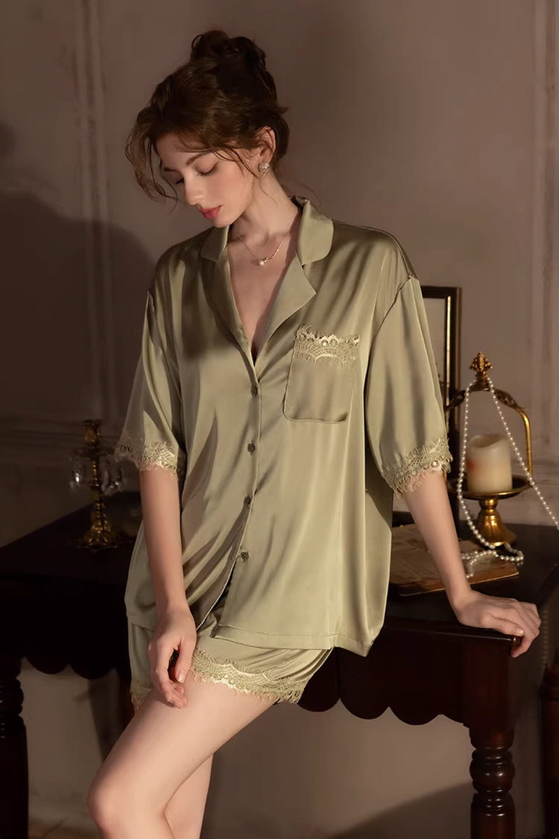 Olive Vintage Shell Lace Silk Set
