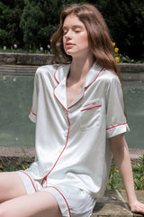 Blue Short Sleeve Scarlet Edge Silk Pajama Set