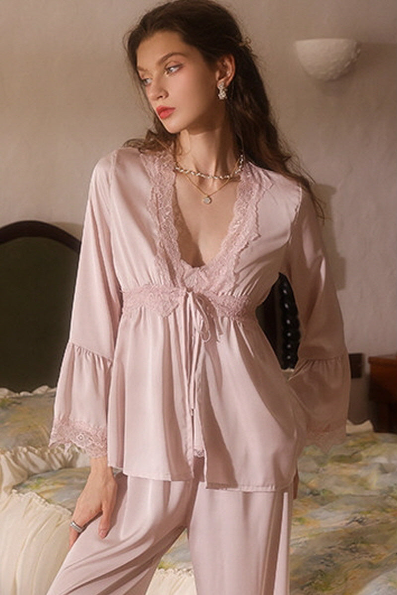 Pink Lace Trim Deep V Silk Pajama Set