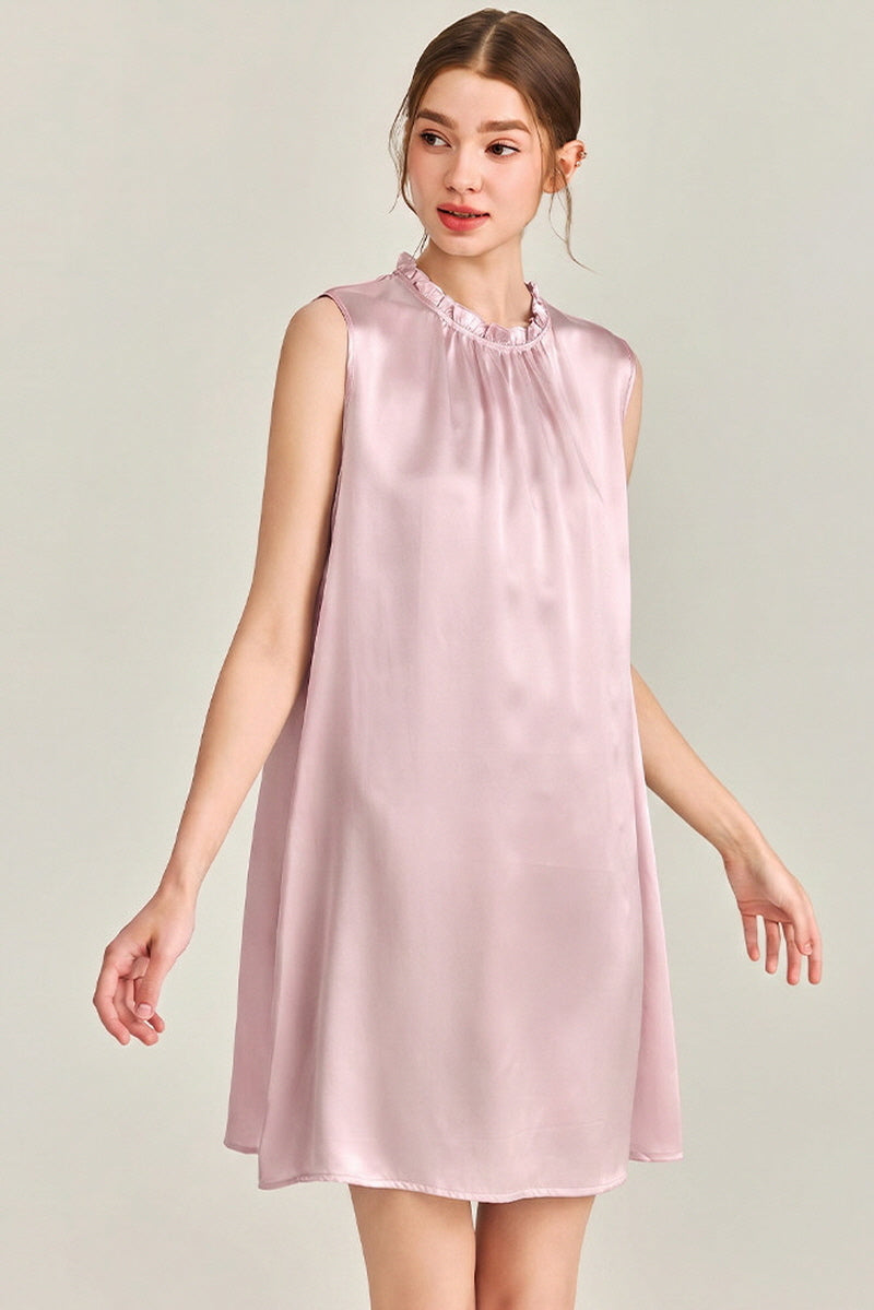 Pink Ruffle Neck Silk Sleeveless Dress