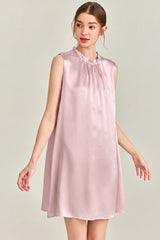 Pink Ruffle Neck Silk Sleeveless Dress