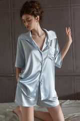 Blue Oversized Silk Button Down Lounge Pajama Set