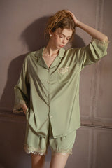 Green Lace-Trimmed 3/4 Sleeve Silk Set