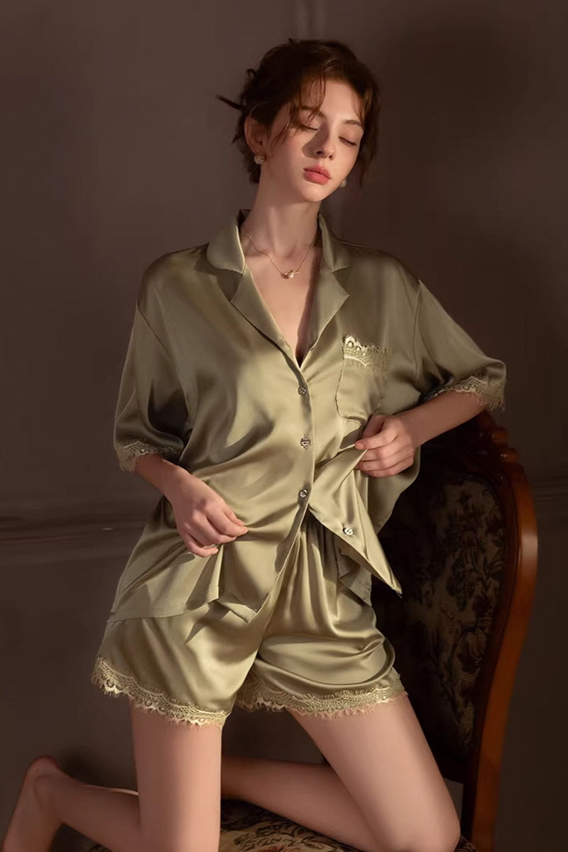 Olive Vintage Shell Lace Silk Set