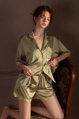Olive Vintage Shell Lace Silk Set