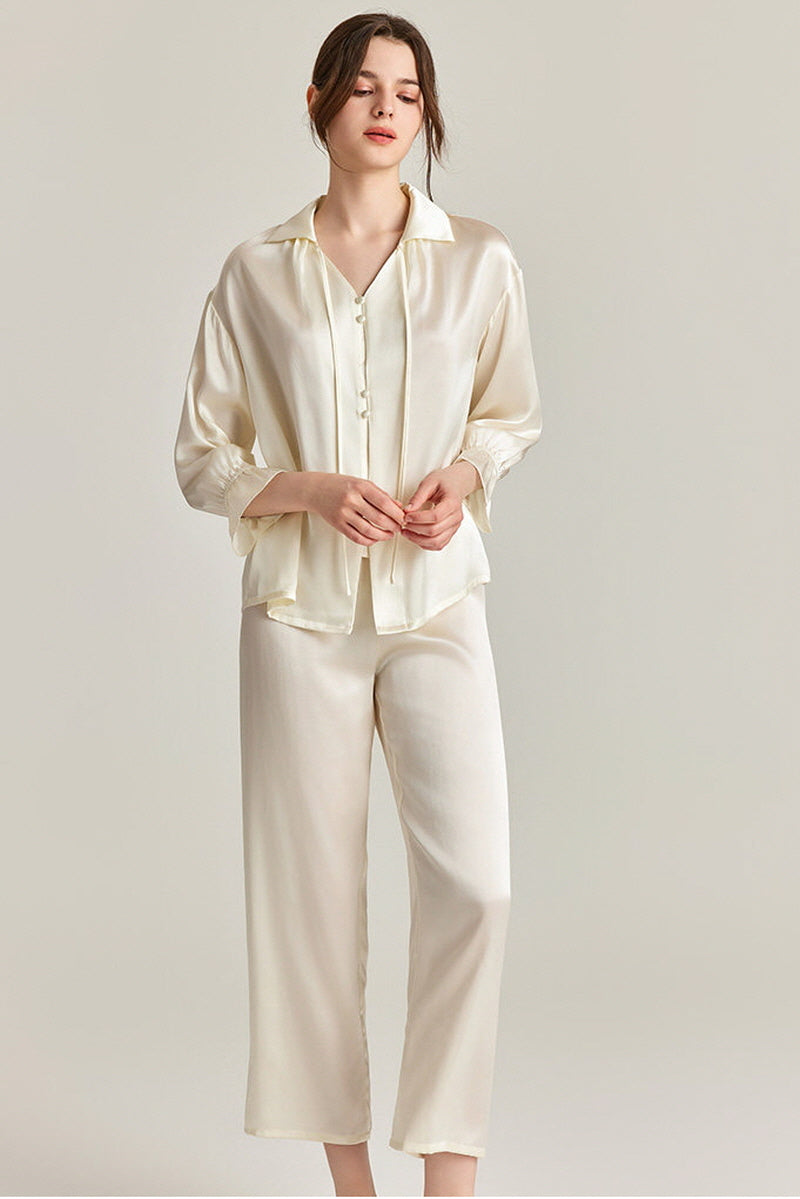 Tie-Neck Silk Pajama Set