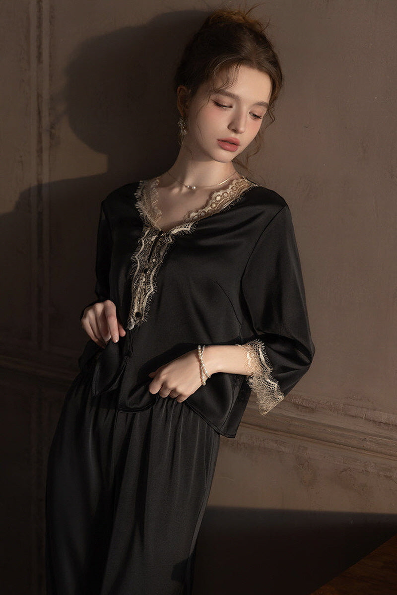 Black V-Neck Enchanted Lace Silk Set