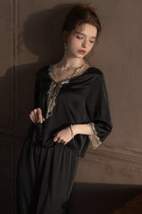 Black V-Neck Enchanted Lace Silk Set