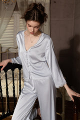 Blue Romantic Lace Silk Pajama Set