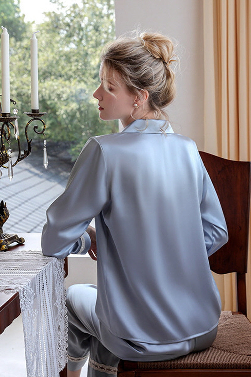 Blue Classic Button Down Silk Pajama Set