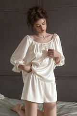 White Off Shoulder Satin Silk Pajama Shorts Set