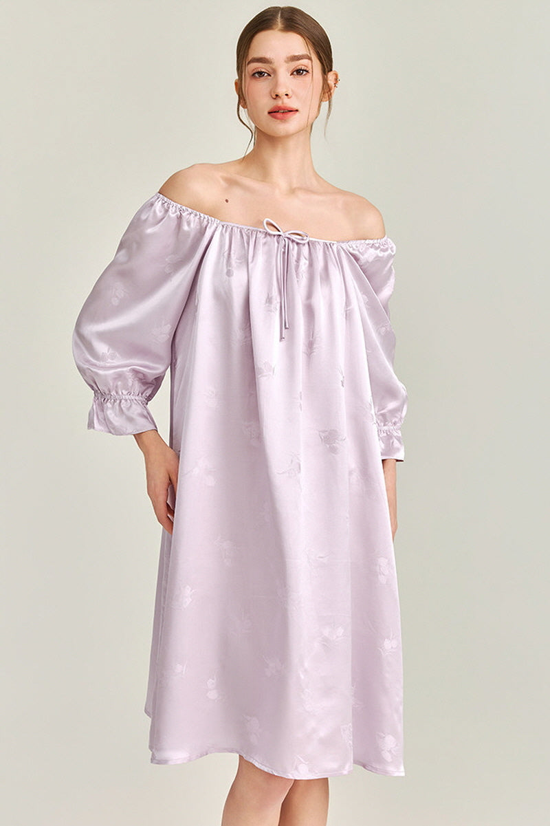 Purple Jacquard Silk Ruffle Nightgown