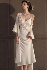 White Cross Lace Silk Slip & Robe Set