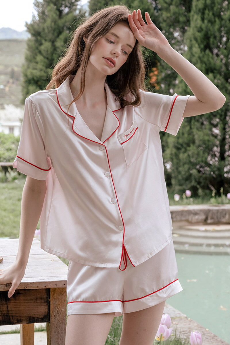 Pink Short Sleeve Scarlet Edge Silk Pajama Set
