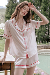 Pink Short Sleeve Scarlet Edge Silk Pajama Set