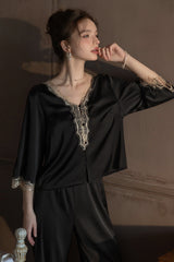 Black V-Neck Enchanted Lace Silk Set