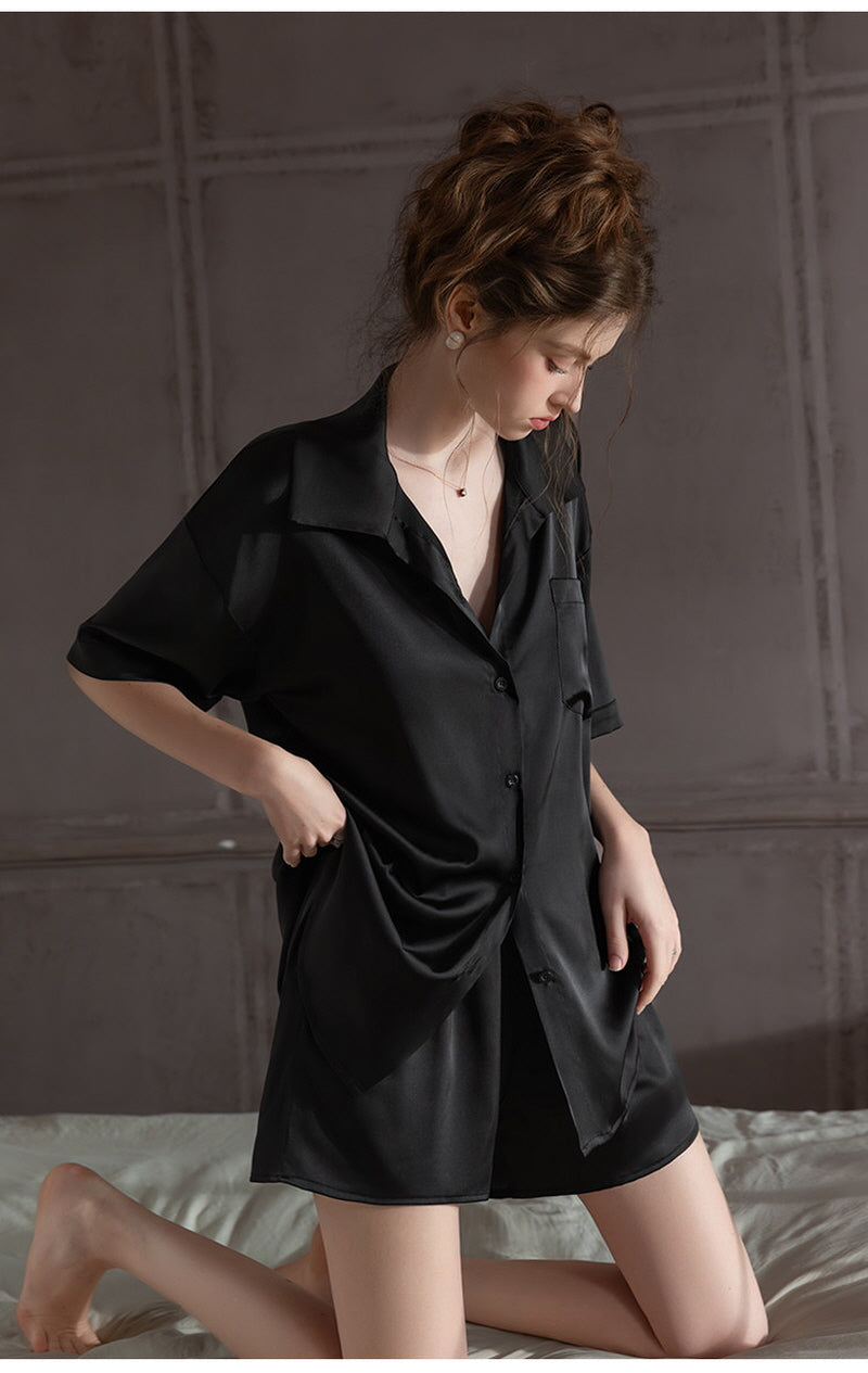 Black Oversized Silk Button Down Lounge Pajama Set