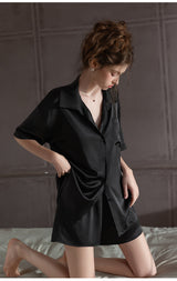 Black Oversized Silk Button Down Lounge Pajama Set