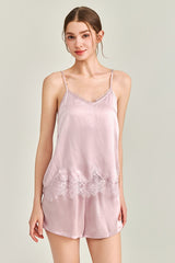 Pink Silk Lace Trim Cami Pajama Set