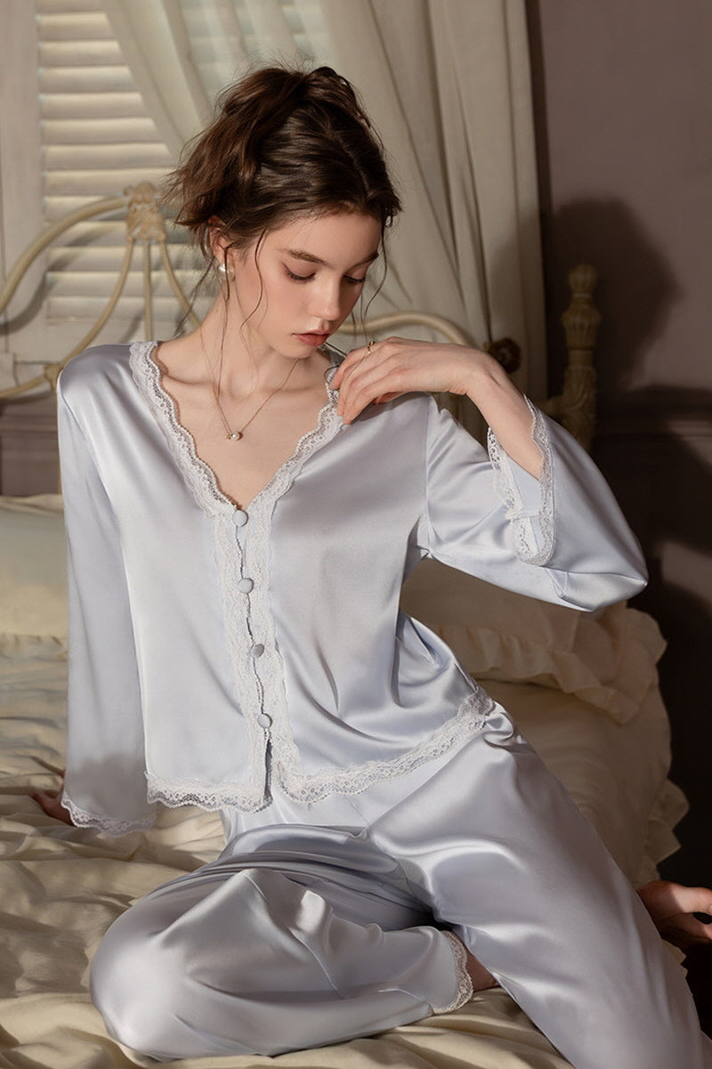 Blue Romantic Lace Silk Pajama Set