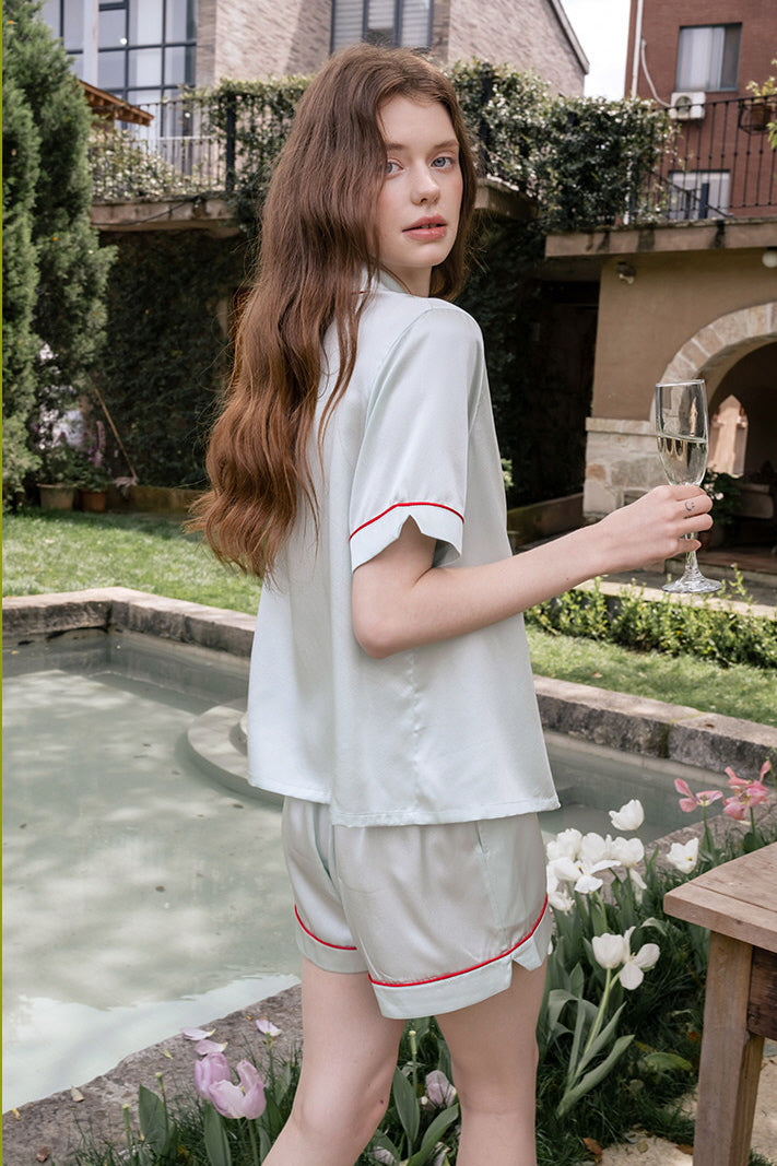 Blue Short Sleeve Scarlet Edge Silk Pajama Set