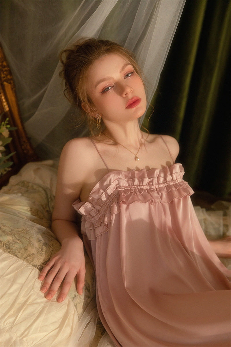 Pink Double Ruffle Silk Nightdress