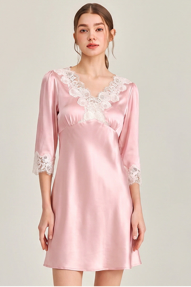 Pink Silk 3/4 Sleeve Lace Sleepwear