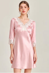 Pink Silk 3/4 Sleeve Lace Sleepwear