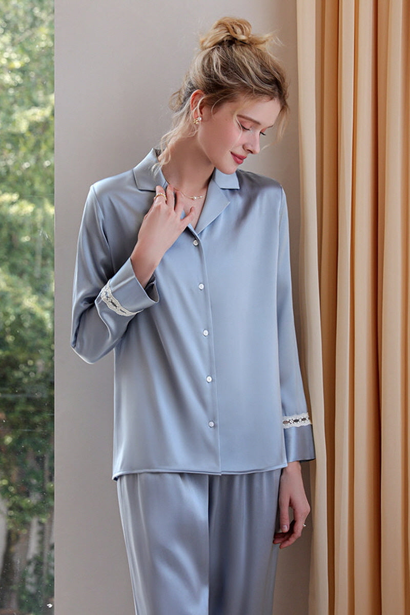 Blue Classic Button Down Silk Pajama Set