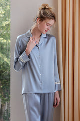 Blue Classic Button Down Silk Pajama Set