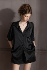 Black Oversized Silk Button Down Lounge Pajama Set