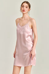 Pink V-Neck Lace Detail Silk Nightdress