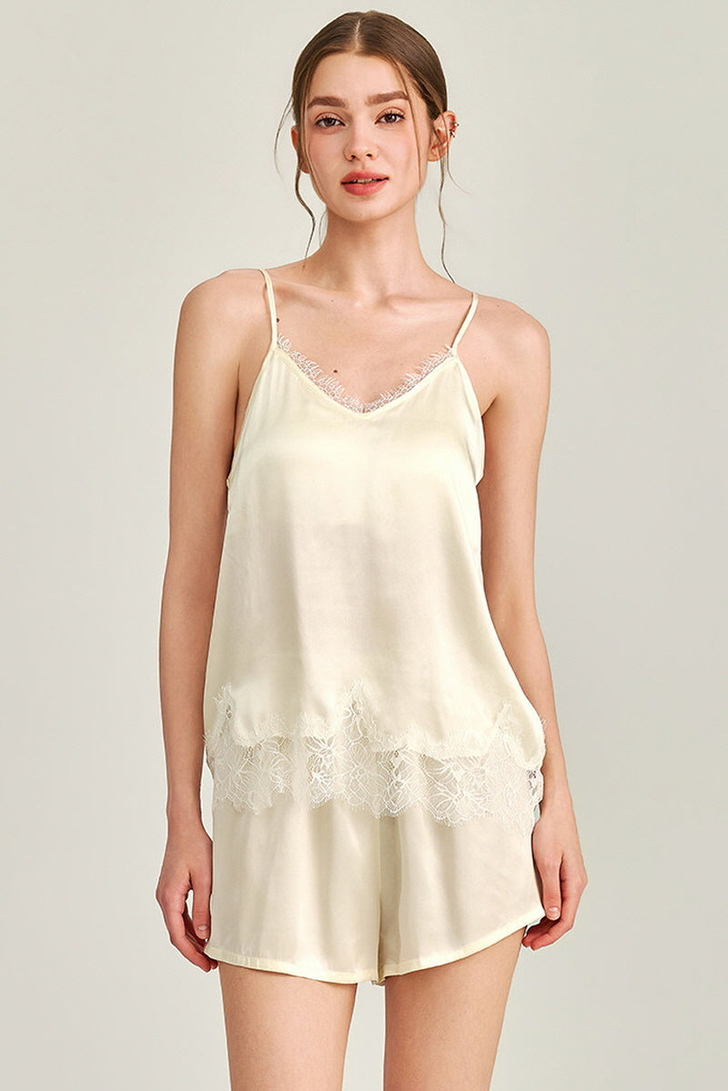 White Silk Lace Trim Cami Pajama Set