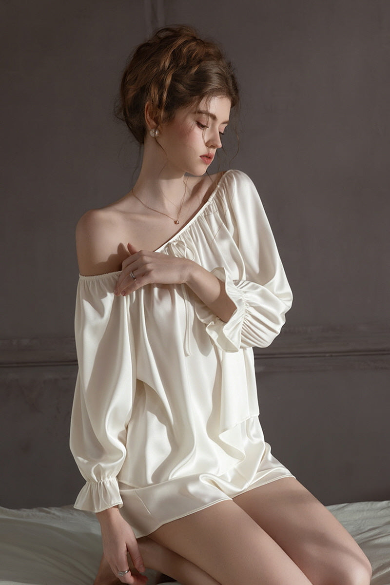 White Off Shoulder Satin Silk Pajama Shorts Set
