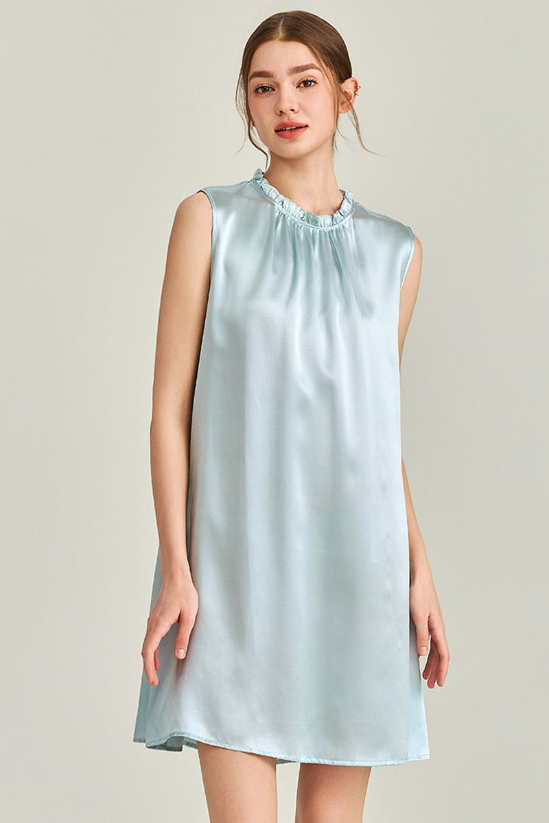 Blue Ruffle Neck Silk Sleeveless Dress