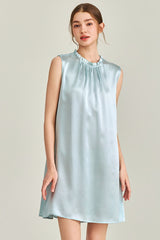 Blue Ruffle Neck Silk Sleeveless Dress