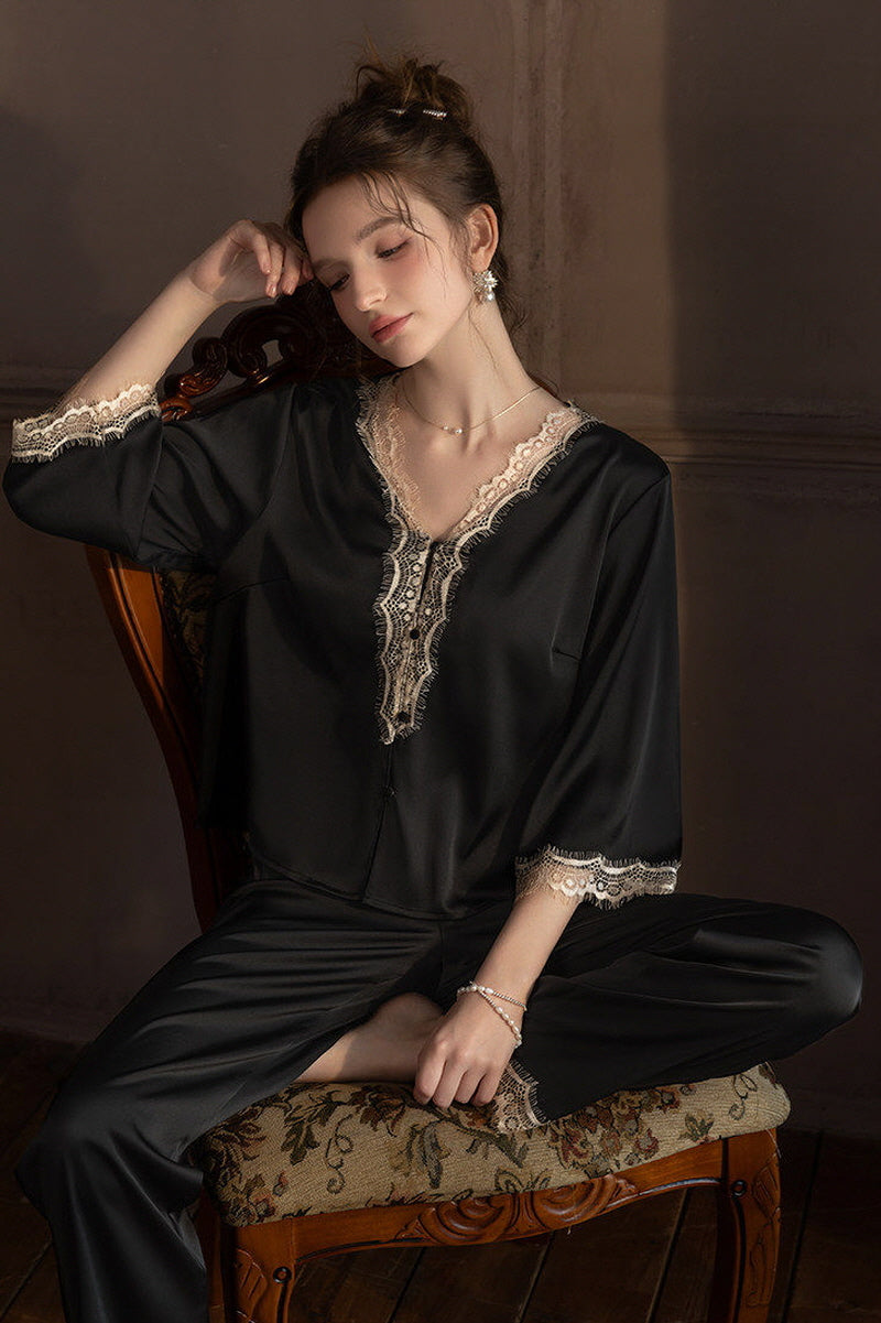 Black V-Neck Enchanted Lace Silk Set