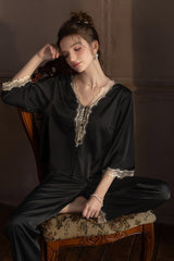 Black V-Neck Enchanted Lace Silk Set