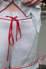 Blue Short Sleeve Scarlet Edge Silk Pajama Set