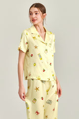 Lemon Yellow Picnic Printed Silk Pajama Set