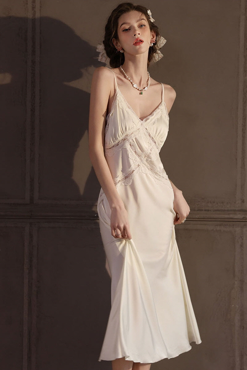 White Cross Lace Silk Slip & Robe Set