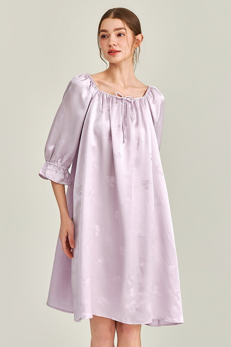 Purple Jacquard Silk Ruffle Nightgown