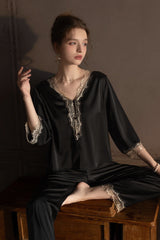 Black V-Neck Enchanted Lace Silk Set