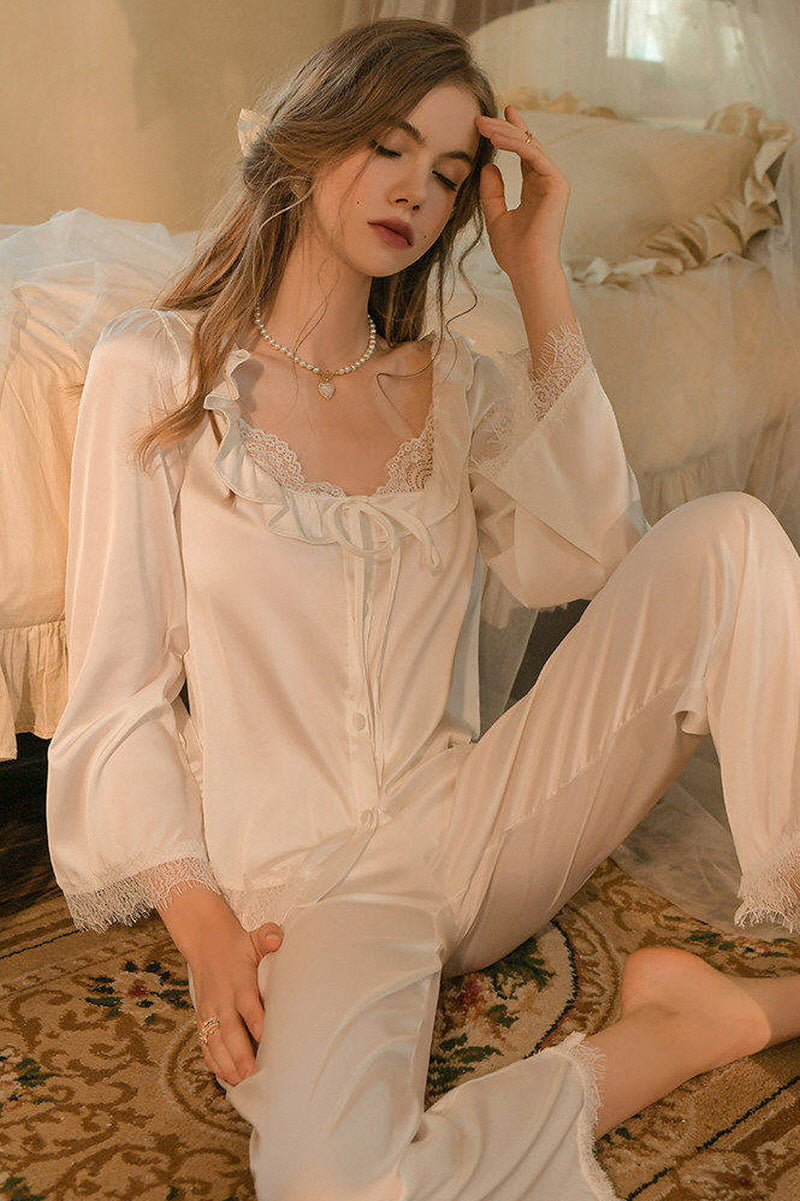 Soft Lace Ribbon Silk Pajama Set