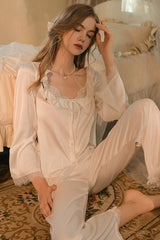 Soft Lace Ribbon Silk Pajama Set