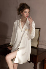 White Elegant Lace-Trimmed Silk Sleep Shirt