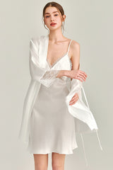 White Floral Lace-Trimmed Silk Slip & Robe Set
